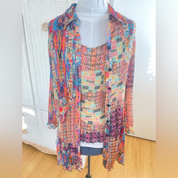Rossi Roma Long sleeve button up crinkle blouse + Tank Twin Set Size Large - Picture 1 of 15